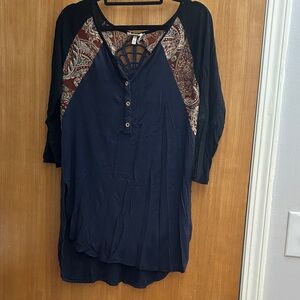 Free People Navy Blouse with Black and Brown Paisley